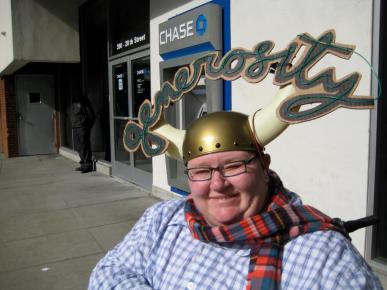 Max Airborne in "Generosity" hat in front of Chase Bank, Nov. 17, 2011. Photo by Jean Peters